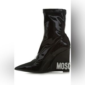Moschino Glossy Black Wedge Boots